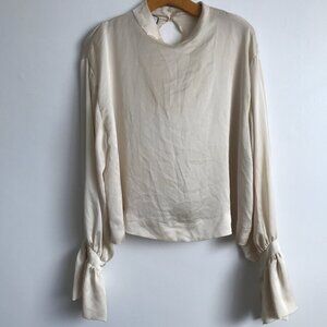 CUT Satin Blouse Ivory High Neck Boxy Slouchy Blouse Flared Cuff Womens 36